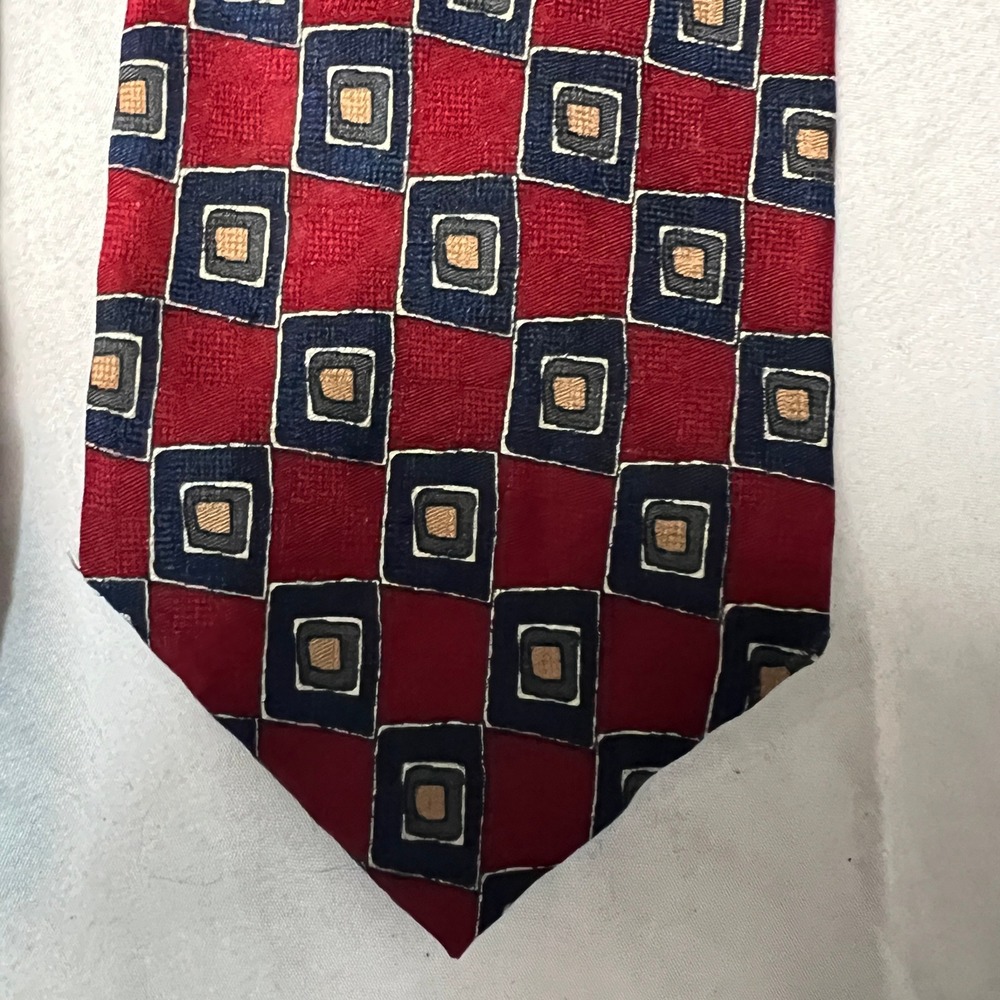 Classic Geometric Pattern Silk Tie Red Navy Gold Men's‎ Necktie Checked 80s